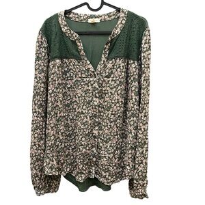 2/$15 mason & belle L Cream and Green Long Sleeve Buttoned Blouse